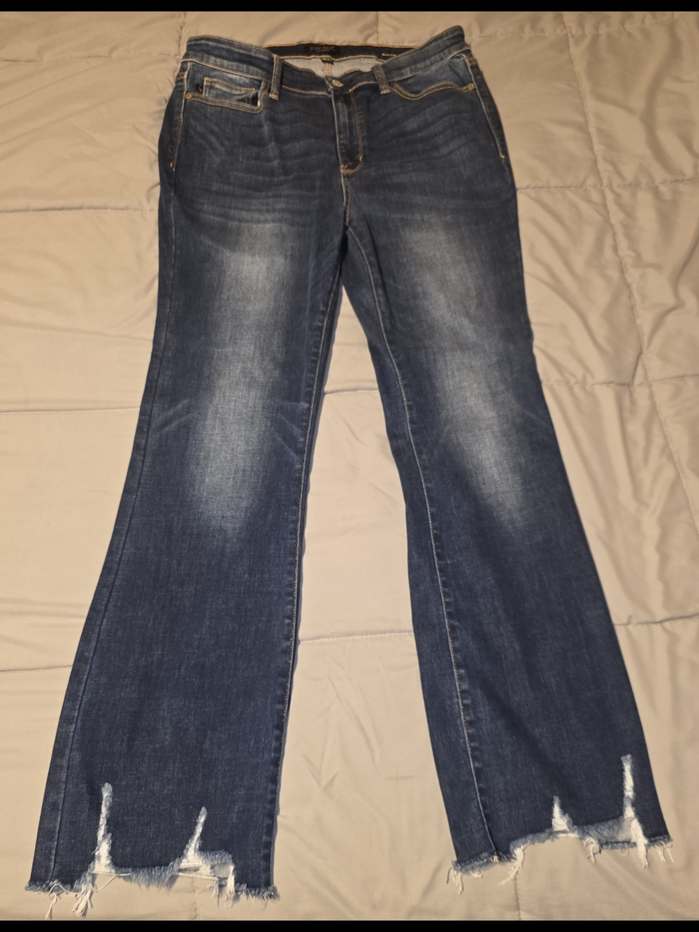 Judy Blue Medium/Dark Blue Bootcut Jeans with Raw Distressed Hems